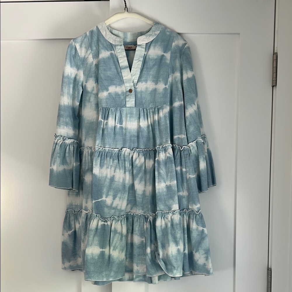 Faherty Blue and White Ruffled Sundress with Bell Sleeves